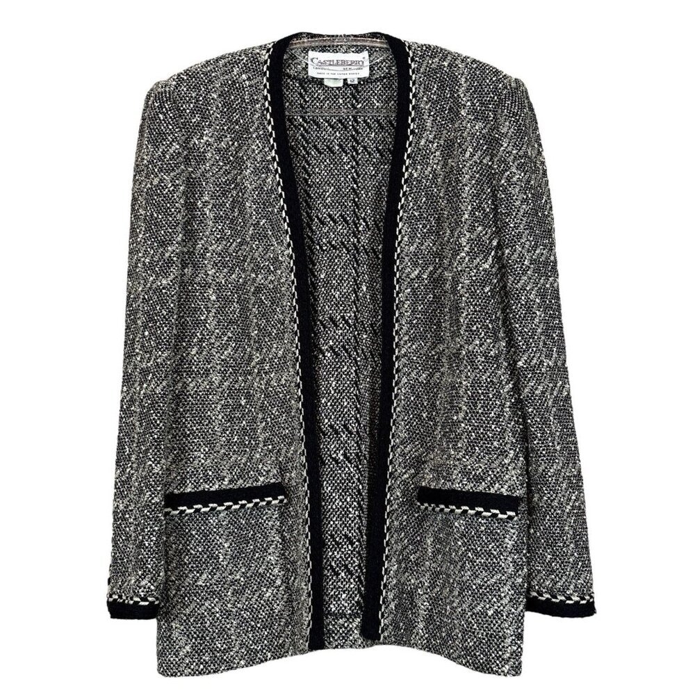 Vtg Castleberry Tweed Knit Open Front Cardigan Sweater Jacket Gray Black Size 12